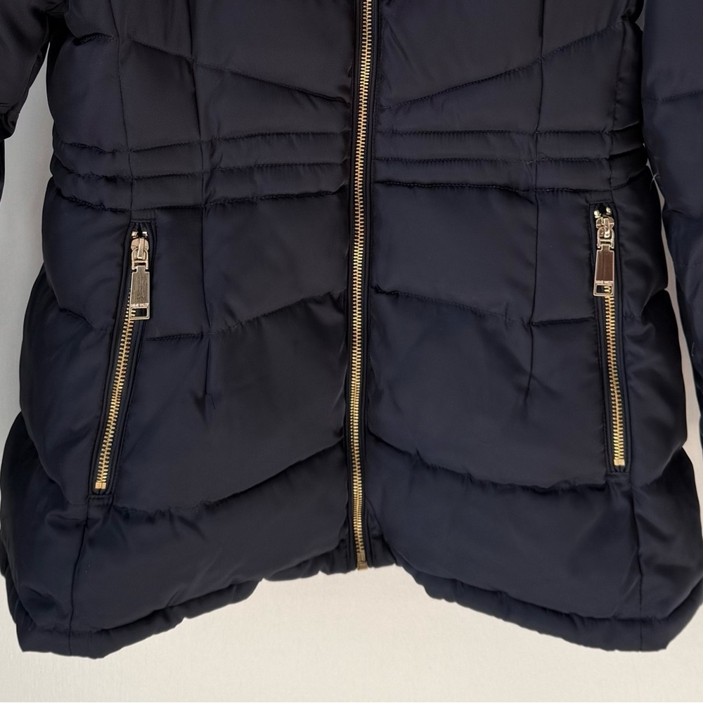 Chevron Colorblock Puffer Jacket with Faux Fur Trim Hood - Picture 7 of 15